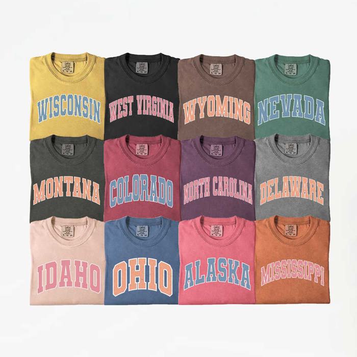 US States Varsity Font Comfort Colors Tee, America States Shirt, Home State Tee