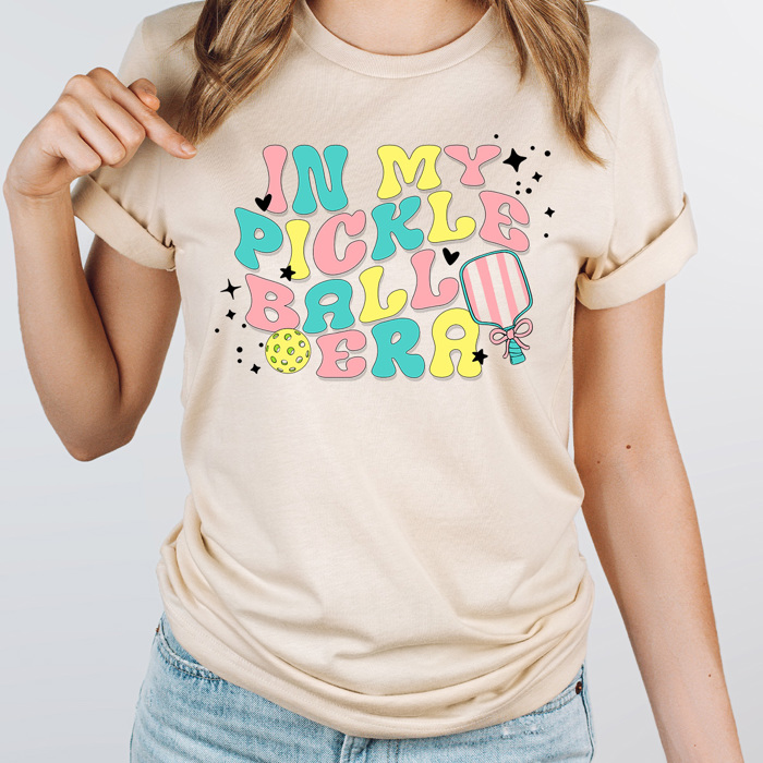 In My Pickleball Era Graphic Tee, Pink Striped Pickleball Paddle