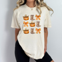  Country Cowgirl Pumpkin Grid Comfort Colors Tee, Cowgirl Boots And Cowgirl Hat Printed Tee, Pumpkin And Bow Tee