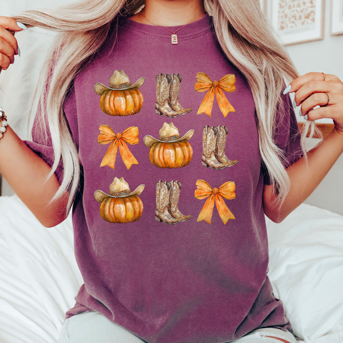 Country Cowgirl Pumpkin Grid Comfort Colors Tee, Cowgirl Boots And Cowgirl Hat Printed Tee, Pumpkin And Bow Tee