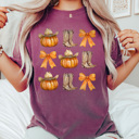 XL Berry Country Cowgirl Pumpkin Grid Comfort Colors Tee, Cowgirl Boots And Cowgirl Hat Printed Tee, Pumpkin And Bow Tee
