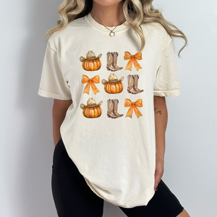 Country Cowgirl Pumpkin Grid Comfort Colors Tee, Cowgirl Boots And Cowgirl Hat Printed Tee, Pumpkin And Bow Tee