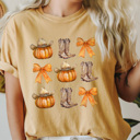 Large Mustard Country Cowgirl Pumpkin Grid Comfort Colors Tee, Cowgirl Boots And Cowgirl Hat Printed Tee, Pumpkin And Bow Tee