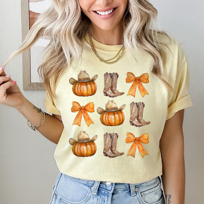 Country Cowgirl Pumpkin Grid Comfort Colors Tee, Cowgirl Boots And Cowgirl Hat Printed Tee, Pumpkin And Bow Tee