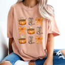  Country Cowgirl Pumpkin Grid Comfort Colors Tee, Cowgirl Boots And Cowgirl Hat Printed Tee, Pumpkin And Bow Tee
