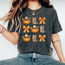  Country Cowgirl Pumpkin Grid Comfort Colors Tee, Cowgirl Boots And Cowgirl Hat Printed Tee, Pumpkin And Bow Tee