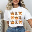  Country Cowgirl Pumpkin Grid Comfort Colors Tee, Cowgirl Boots And Cowgirl Hat Printed Tee, Pumpkin And Bow Tee