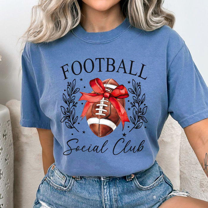 Football Social Club Comfort Colors Tee, Football Season Printed Tee, Coquette Football Shirt