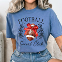 Large Blue Jean Football Social Club Comfort Colors Tee, Football Season Printed Tee, Coquette Football Shirt