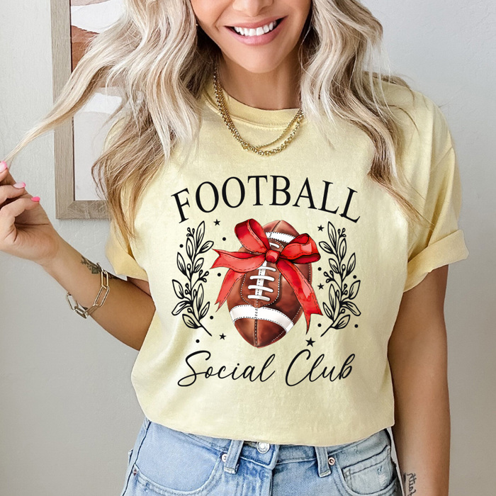 Football Social Club Comfort Colors Tee, Football Season Printed Tee, Coquette Football Shirt