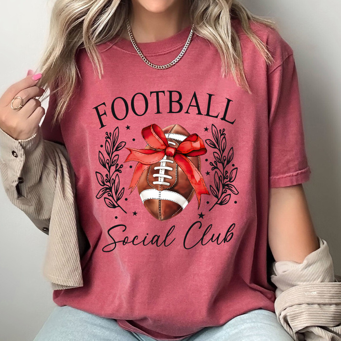 Football Social Club Comfort Colors Tee, Football Season Printed Tee, Coquette Football Shirt