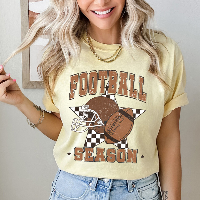 Football Season Comfort Colors Tee, Checkered Star Football Printed Tee, Game Day Shirt