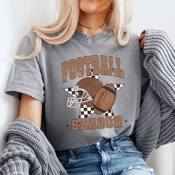 Football Season Comfort Colors Tee, Checkered Star Football Printed Tee, Game Day Shirt