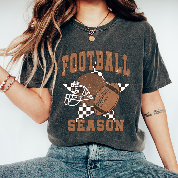 Football Season Comfort Colors Tee, Checkered Star Football Printed Tee, Game Day Shirt