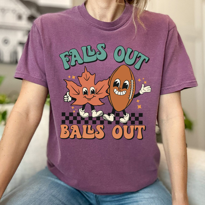 Falls Out Balls Out Football Comfort Colors Tee, Fall Football Season Print Tee, Thanksgiving Football Game Shirt