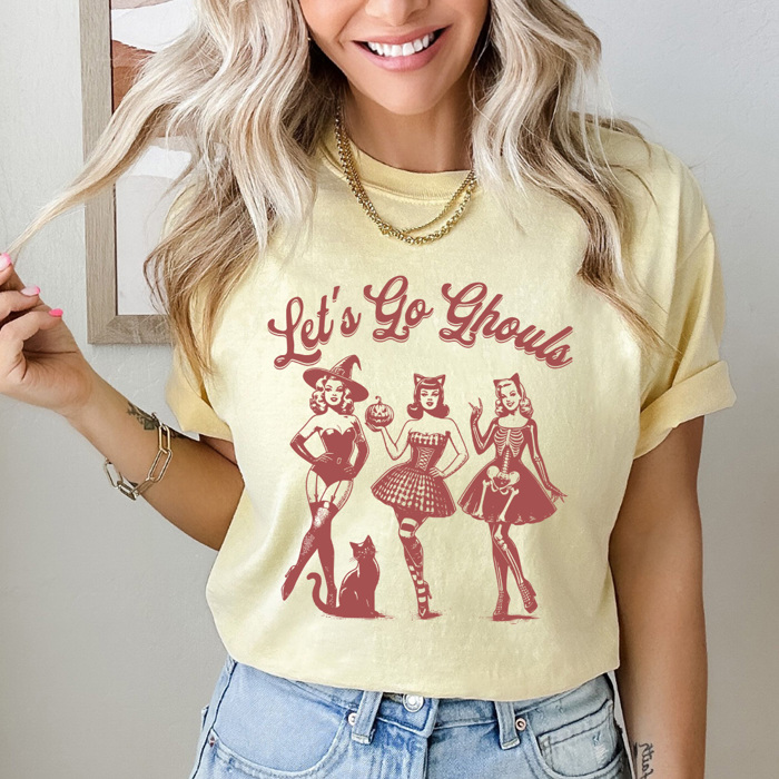 Let's Go Ghouls Comfort Colors Tee, Halloween Girls Printed Tee, Spooky Glam Shirt 