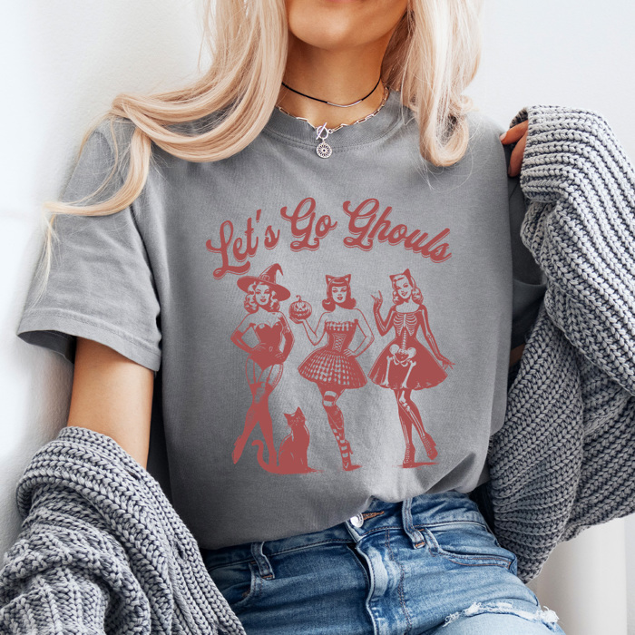 Let's Go Ghouls Comfort Colors Tee, Halloween Girls Printed Tee, Spooky Glam Shirt 
