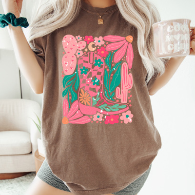 Floral Western Cowgirl Boot Comfort Colors, Western Boots Shirt, Pink Desert Tee