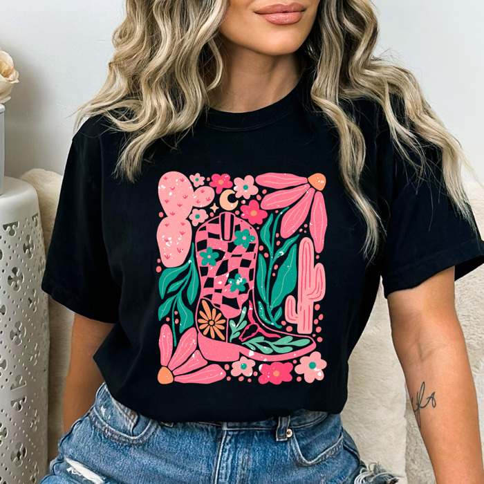 Floral Western Cowgirl Boot Comfort Colors, Western Boots Shirt, Pink Desert Tee