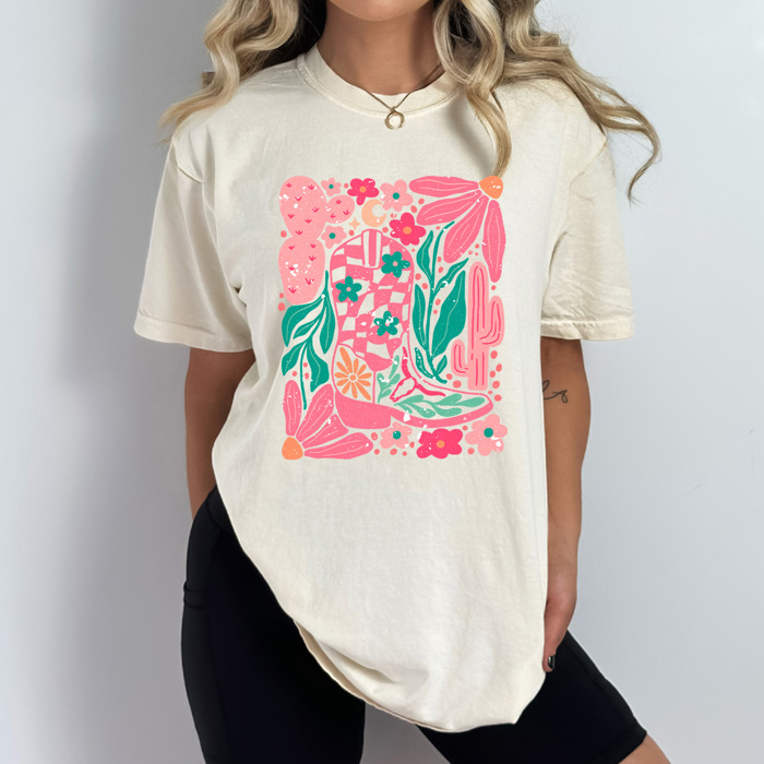 Floral Western Cowgirl Boot Comfort Colors, Western Boots Shirt, Pink Desert Tee