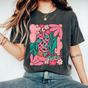XXL Pepper Floral Western Cowgirl Boot Comfort Colors, Western Boots Shirt, Pink Desert Tee