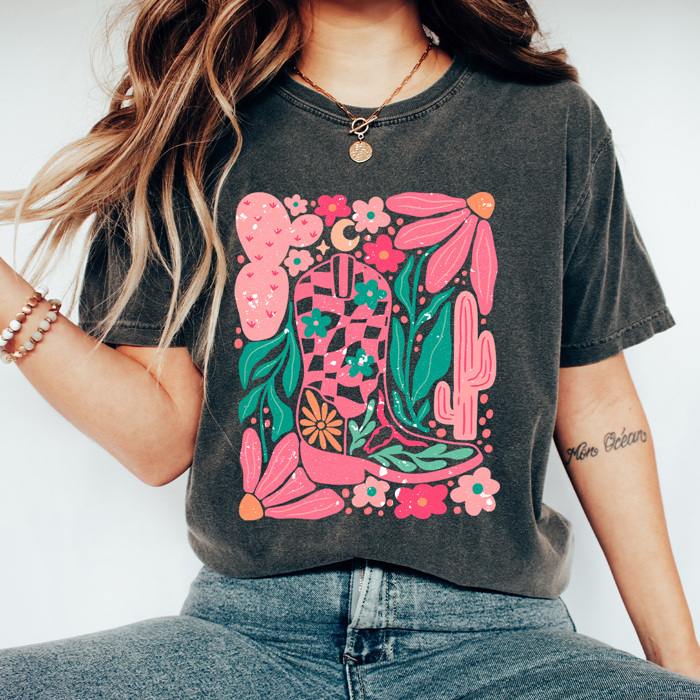 Floral Western Cowgirl Boot Comfort Colors, Western Boots Shirt, Pink Desert Tee
