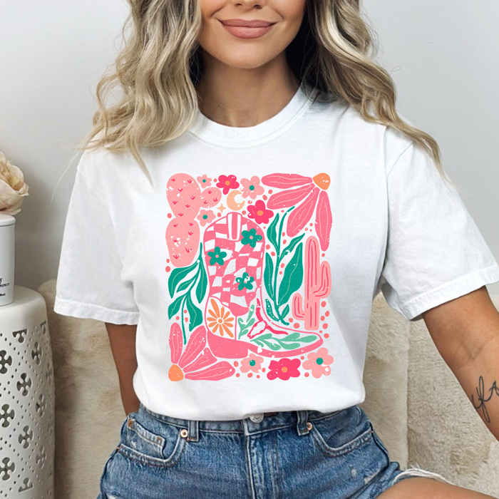 Floral Western Cowgirl Boot Comfort Colors, Western Boots Shirt, Pink Desert Tee
