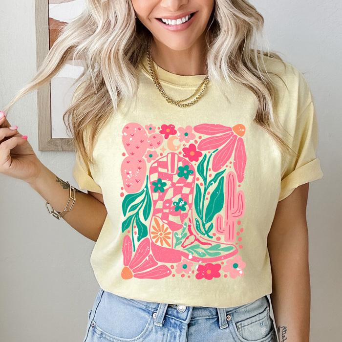 Floral Western Cowgirl Boot Comfort Colors, Western Boots Shirt, Pink Desert Tee