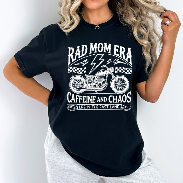 Rad Mom Era Graphic Tee, Motorcycle Shirt, Caffeine And Chaos Tee, Life In The Fast Lane