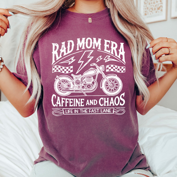 Rad Mom Era Graphic Tee, Motorcycle Shirt, Caffeine And Chaos Tee, Life In The Fast Lane