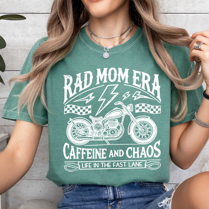 Rad Mom Era Graphic Tee, Motorcycle Shirt, Caffeine And Chaos Tee, Life In The Fast Lane