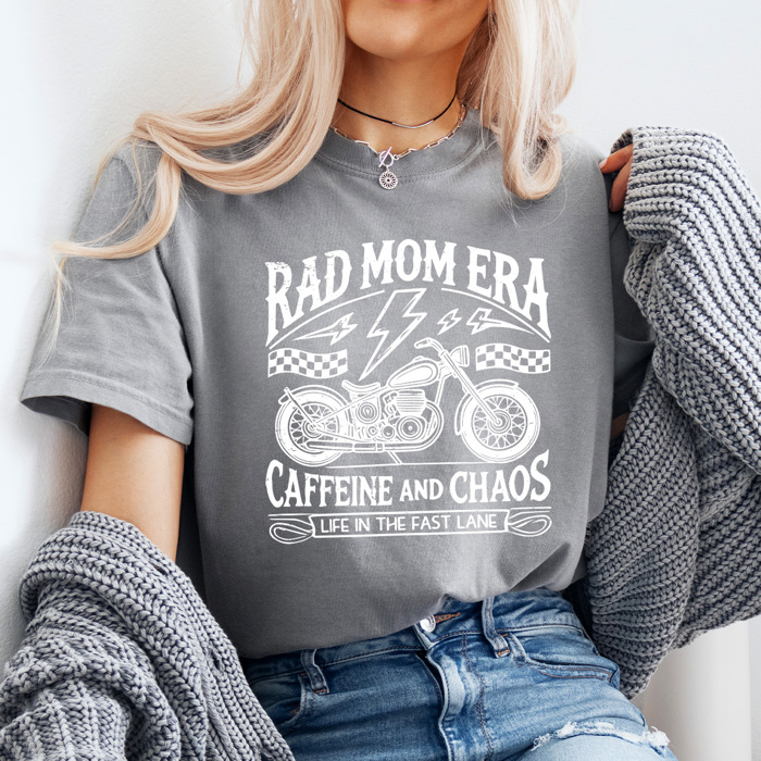 Rad Mom Era Graphic Tee, Motorcycle Shirt, Caffeine And Chaos Tee, Life In The Fast Lane