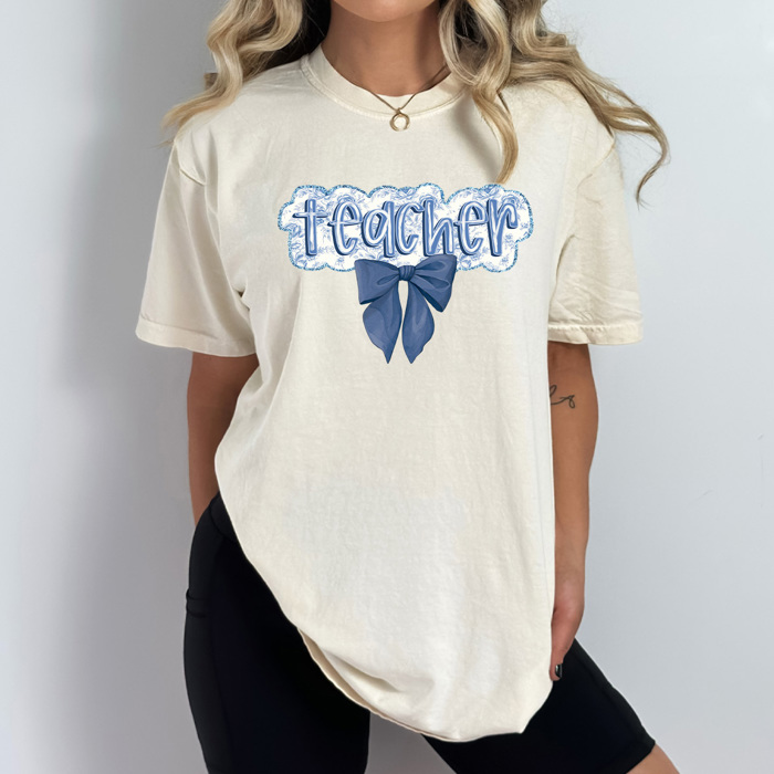 Teacher Blue Floral Coquette Comfort Colors Tee, Blue Roses Teaching Shirt, School Teacher Tee