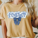 Small Mustard Teacher Blue Floral Coquette Comfort Colors Tee, Blue Roses Teaching Shirt, School Teacher Tee