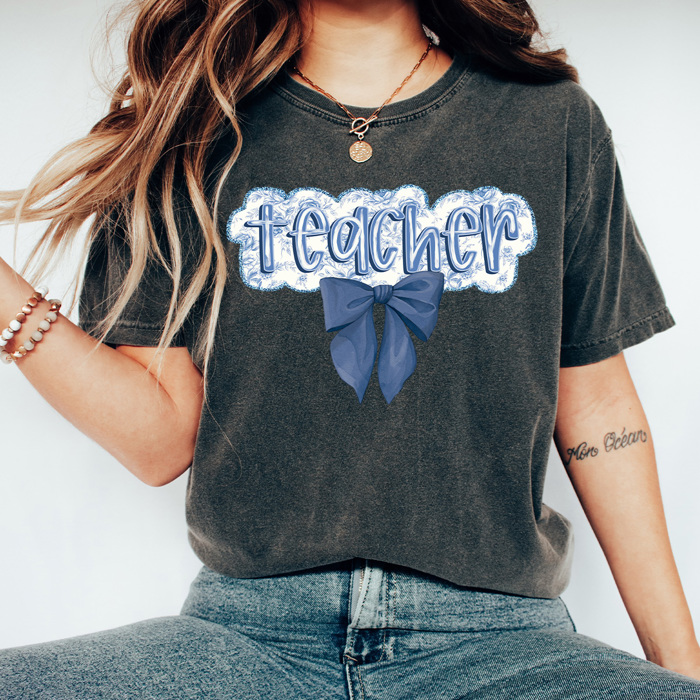 Teacher Blue Floral Coquette Comfort Colors Tee, Blue Roses Teaching Shirt, School Teacher Tee
