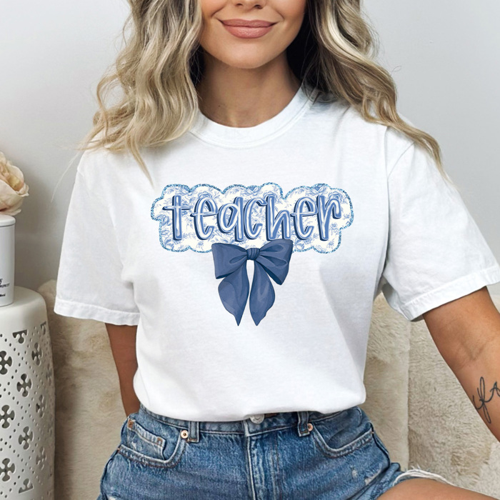 Teacher Blue Floral Coquette Comfort Colors Tee, Blue Roses Teaching Shirt, School Teacher Tee
