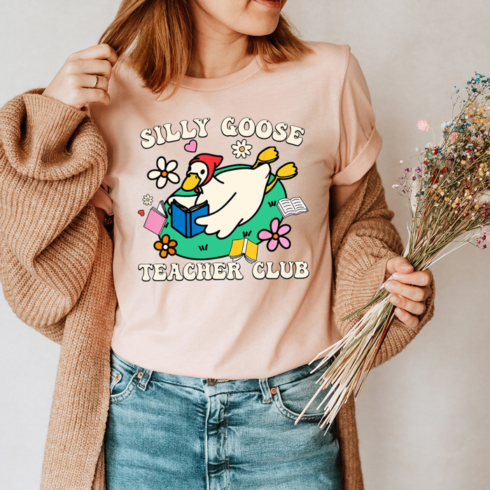 Silly Goose Teacher Club Basic Graphic Tee, Reading Goose Shirt, Silly Goose Tee