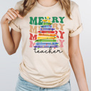 Large Cream Merry Teacher Crayon Christmas Tree Graphic Tee, Christmas Teacher Shirt