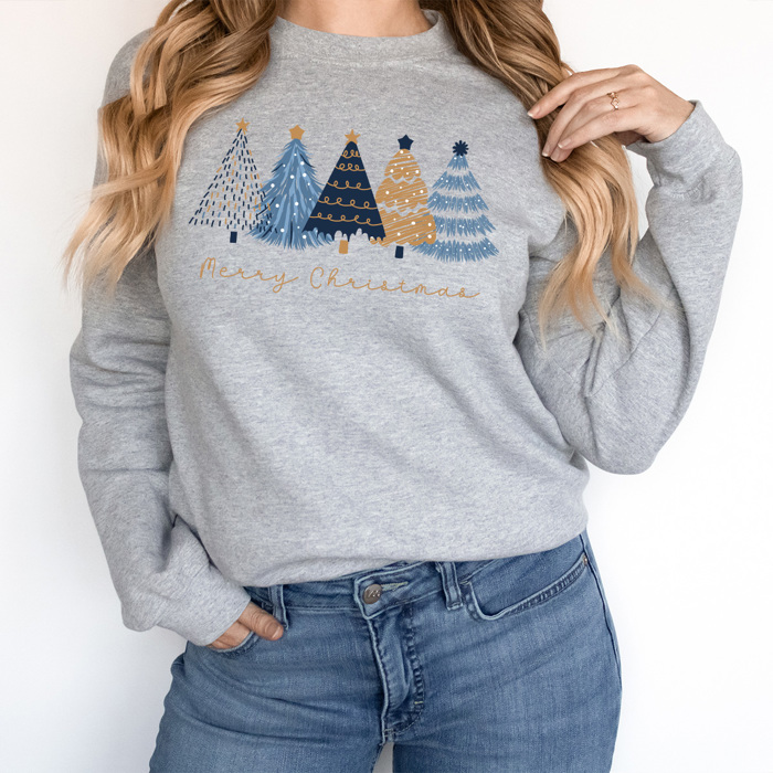 Merry Christmas Blue And Gold Trees Fleece Sweatshirt, Winter Pullover