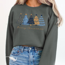 Large Charcoal Merry Christmas Blue And Gold Trees Fleece Sweatshirt, Winter Pullover