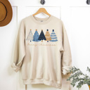 Large Sand Merry Christmas Blue And Gold Trees Fleece Sweatshirt, Winter Pullover