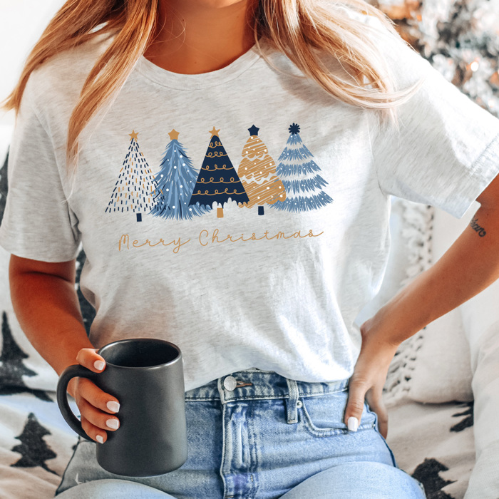 Merry Christmas Blue And Gold Trees Graphic Tee, Winter Shirt