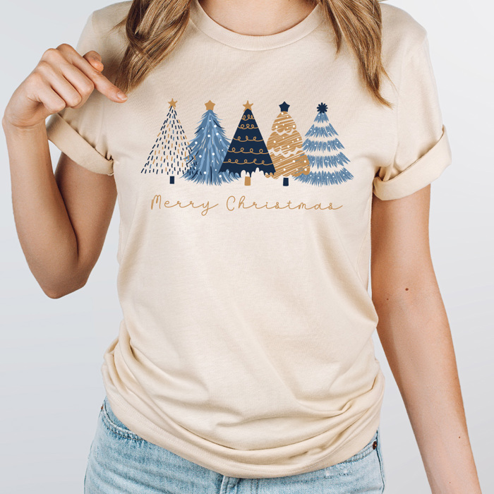 Merry Christmas Blue And Gold Trees Graphic Tee, Winter Shirt