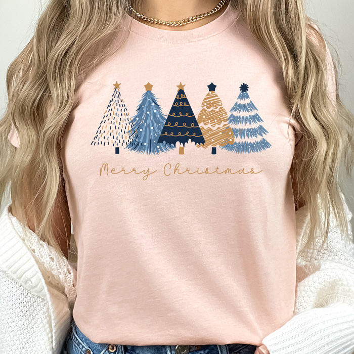 Merry Christmas Blue And Gold Trees Graphic Tee, Winter Shirt