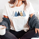 XXL White Merry Christmas Blue And Gold Trees Graphic Tee, Winter Shirt