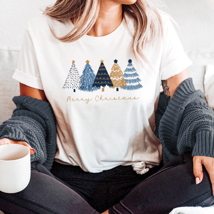 Merry Christmas Blue And Gold Trees Graphic Tee, Winter Shirt