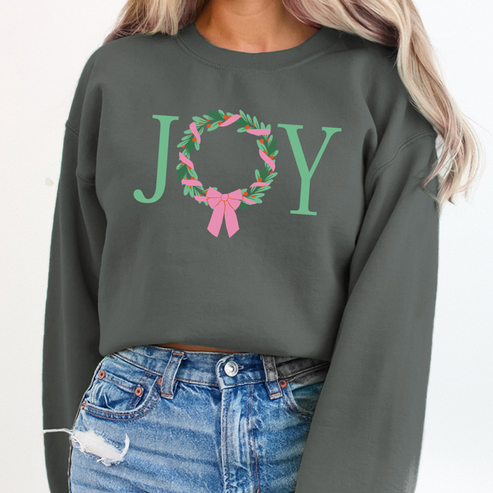 Joy Christmas Wreath Fleece Sweatshirt, Holiday Pullover