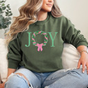 Small Military Green Joy Christmas Wreath Fleece Sweatshirt, Holiday Pullover