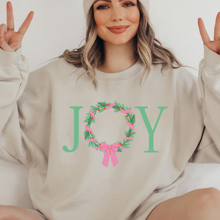 Joy Christmas Wreath Fleece Sweatshirt, Holiday Pullover