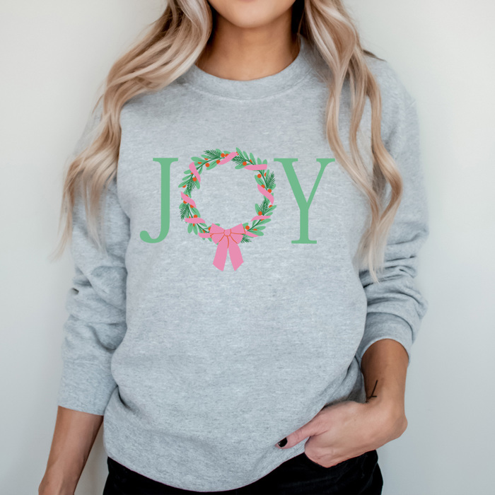Joy Christmas Wreath Fleece Sweatshirt, Holiday Pullover